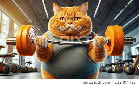 Obese Orange Cat Lifting Weights in Order to Lose Weight - Generative Ai 112404482