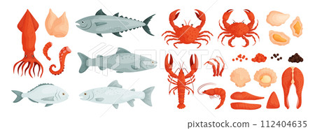 Seafood . Vector of mussels, clam, oyster. Fish salmon, trout, tuna, dorado. Shrimp, squid, octopus tentacles, lobster, crab and crayfish. Red and black caviar. Steaks and pieces of fish. 112404635