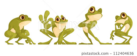 Set of four funny toads in different poses. Green toad of interesting cartoon shape, posing. Vector cartoon. Set of four funny toads in different poses. Green toad of interesting cartoon shape, posing. Vector cartoon. 112404636