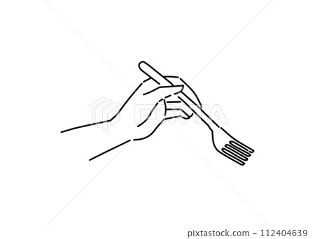 Line drawing illustration of a hand holding a fork Line drawing illustration of a hand holding a fork 112404639