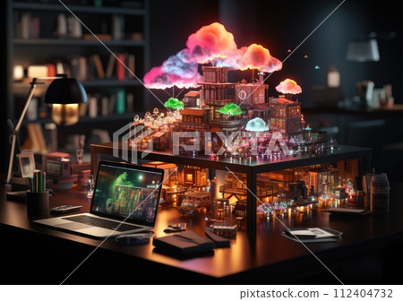 neon light showing cloud computing on tablet computer 112404732