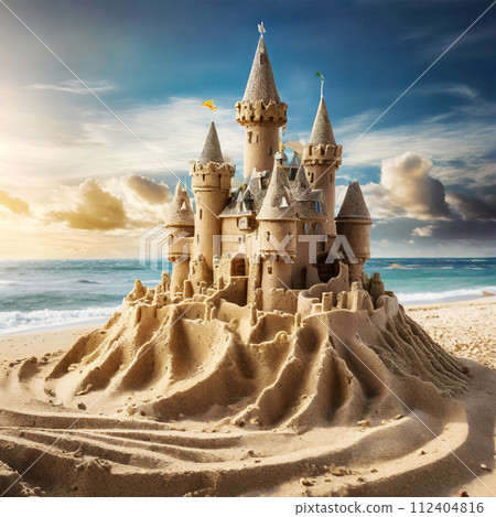 Beautiful Sandcastle on a Sandy Beach by the Sea - Generative Ai 112404816