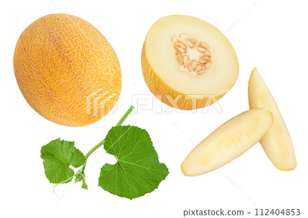 Melon isolated on white background with full depth of field. Top view. Flat lay Melon isolated on white background with full depth of field. Top view. Flat lay 112404853