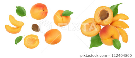 apricot fruit with half and slices isolated on white background. Clipping path. Top view. Flat lay apricot fruit with half and slices isolated on white background. Clipping path. Top view. Flat lay 112404860