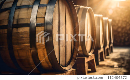 Closeup of Old Oak Wooden Barrels in a Cellar - Generative Ai 112404872