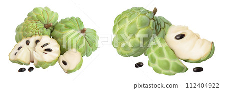 Sugar apple or custard apple isolated on white background with full depth of field. Exotic tropical Thai annona or cherimoya fruit Sugar apple or custard apple isolated on white background with full depth of field. Exotic tropical Thai annona or cherimoya fruit 112404922