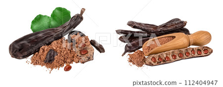Carob pod and powder isolated on white background with full depth of field. Carob pod and powder isolated on white background with full depth of field. 112404947