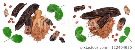 Carob pod and powder in wooden scoop isolated on white background . Top view with copy space for your text. Flat lay 112404950