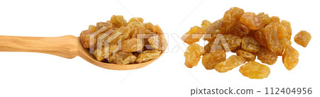 Yellow raisins in wooden spoon isolated on white background with full depth of field 112404956