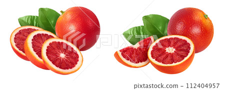 Blood red oranges with slices isolated on white background with full depth of field Blood red oranges with slices isolated on white background with full depth of field 112404957