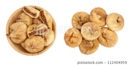 dried fig in wooden bowl isolated on white background with full depth of field. Top view. Flat lay dried fig in wooden bowl isolated on white background with full depth of field. Top view. Flat lay 112404959
