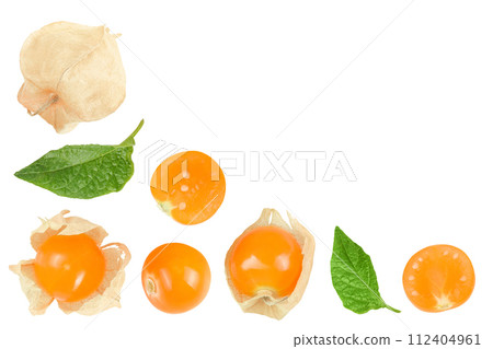 Cape gooseberry or physalis isolated on white background wit with full depth of field. Top view. Flat lay Cape gooseberry or physalis isolated on white background wit with full depth of field. Top view. Flat lay 112404961