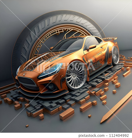 Beautiful orange metallic car presenting against golden tyre and grey background. car service logo, concept. Ai generated 112404992