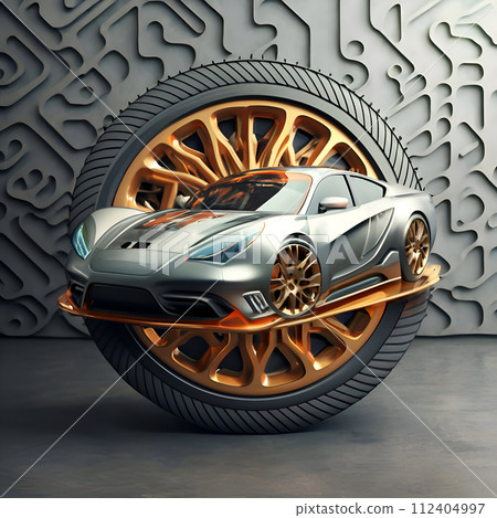 Beautiful silver car presenting against golden tyre and grey futuristic design background. car service logo, concept. Ai generated 112404997