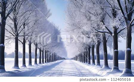 Diminishing Perspective of a Snowy Road with Frozen Bare Trees - Generative Ai 112405016