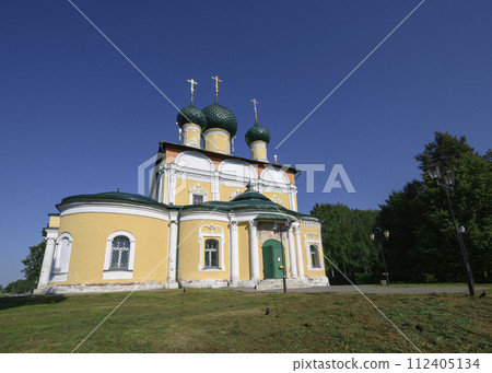 View of the Transfiguration Cathedral of the 18th century on a hill in the town of Uglich View of the Transfiguration Cathedral of the 18th century on a hill in the town of Uglich 112405134