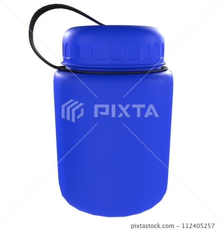 A blue water bottle with a black handle 112405257