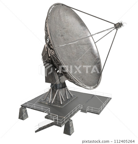 A large satellite dish is sitting on a concrete platform 112405264