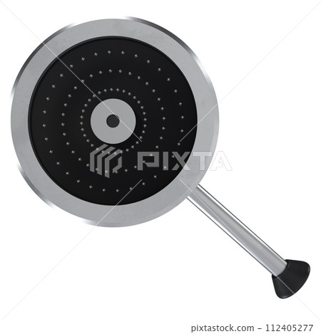 A silver pan with a black circle A silver pan with a black circle 112405277