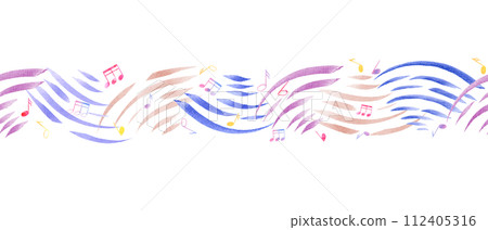 Seamless border with abstract music waves and music notes. Multicolored note symbols. Musical cute atmosphere. Watercolor illustration for textile, package, wrapping 112405316