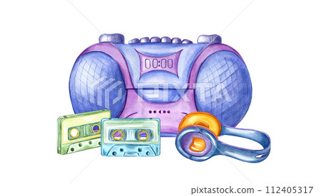 Boombox player, two Audio cassettes and headphone. Tape recorder, Earpiece for listening to music. Retro 90s, 2000s style. Music, sound, playlist, audio accessories. Watercolor illustration 112405317