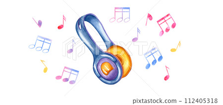 Headphones with musical notes. Yellow blue earphones. Note symbols flying to the sides. Music multicolored note elements. Color watercolor illustration. Nostalgia for the 90s, for party design 112405318