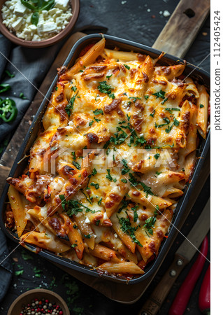 AI-generated content. A wooden cutting board displaying a casserole dish of pasta and cheese, a delicious dish made using food ingredients and cookware AI-generated content. A wooden cutting board displaying a casserole dish of pasta and cheese, a delicious dish made using food ingredients and cookware 112405424