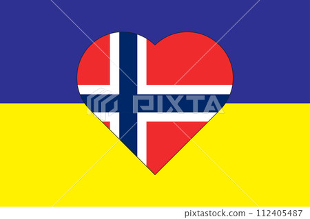 Heart painted in the colors of the flag of Norway on the flag of Ukraine. Illustration of a heart with the national symbol of Norway on a blue-yellow background 112405487