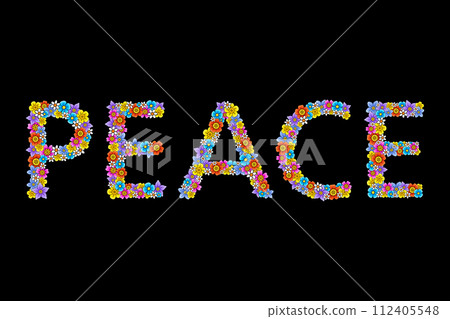 PEACE lettering, made of colorful fantasy flowers. Numerous vibrant blossoms are randomly arranged, to form the english word PEACE. Anti-war symbol. Isolated illustration on black background. Vector. 112405548