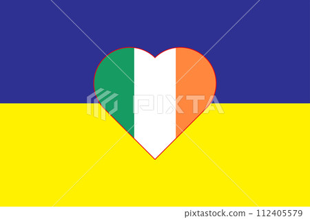 Heart painted in the colors of the flag of Ireland on the flag of Ukraine. Illustration of a heart with the national symbol of Ireland on a blue-yellow background 112405579