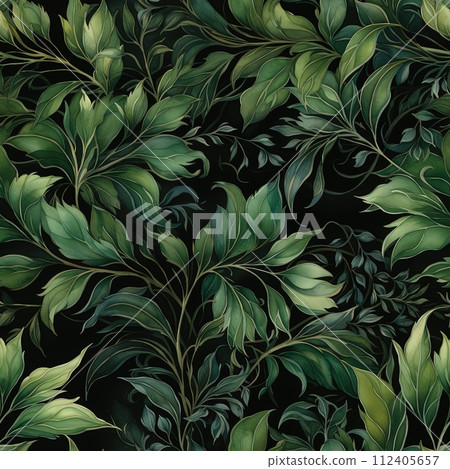 Tactile canvas in 3D style with ivy in shades of green and black. Seamless floral background. Generative AI 112405657