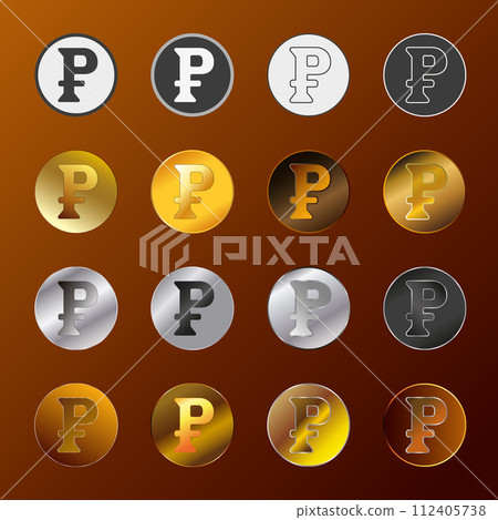 A set of golden-silver badges similar to ruble coins. Illustration A set of golden-silver badges similar to ruble coins. Illustration 112405738