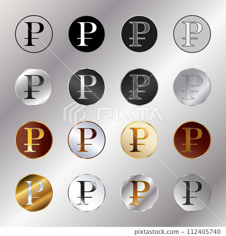 A set of golden-silver badges similar to ruble coins. Illustration 112405740