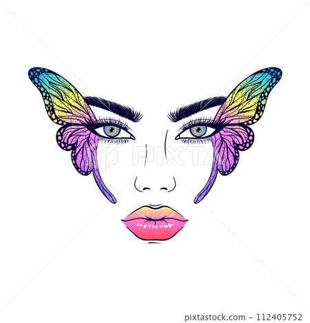 The face of a young woman whose eyes are decorated with butterfly wings. The face of a young woman whose eyes are decorated with butterfly wings. 112405752