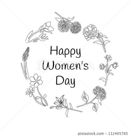 Happy Women's Day. Flowers line drawing. Botanical frame. Greeting card. International female celebration. Outline wildflowers. Blossoms border. Blooming plants. Spring female holiday vector banner 112405785