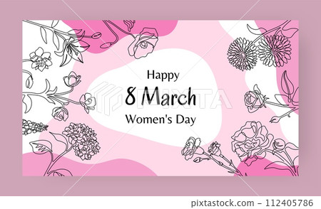 Happy Women's Day. 8 March. Flowers line drawing. Botanical pink frame. Greeting card. International female celebration. Garden bouquet. Blooming plant. Wildflower sketch. Spring holiday vector banner 112405786