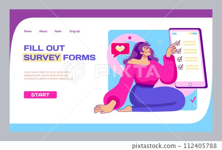 Fill out survey forms landing page. Internet voting. Online questionnaire. Website design template. Woman putting checkmarks. Mobile web test. Exam ticks. Education quiz questions. Vector background Fill out survey forms landing page. Internet voting. Online questionnaire. Website design template. Woman putting checkmarks. Mobile web test. Exam ticks. Education quiz questions. Vector background 112405788
