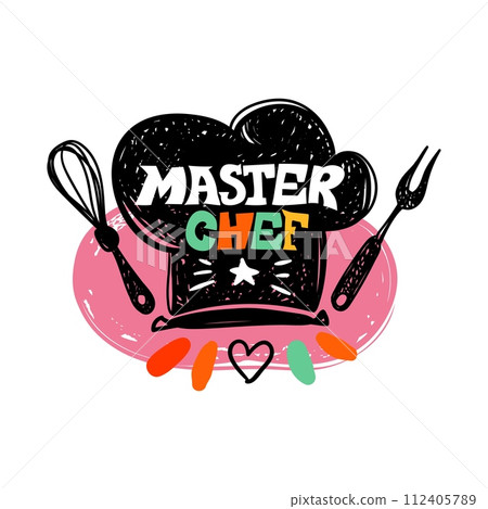 Master chef. Menu emblem. Cafe and fast food restaurant logo. Cooking recipe book cover. Hand drawn design. Gastronomy lettering. Logotype, stamp or kitchen sticker. Vector isolated illustration Master chef. Menu emblem. Cafe and fast food restaurant logo. Cooking recipe book cover. Hand drawn design. Gastronomy lettering. Logotype, stamp or kitchen sticker. Vector isolated illustration 112405789
