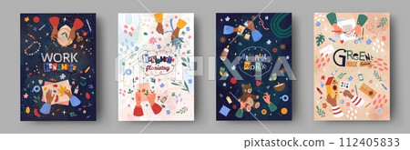 Craft background. Class workshop, Diy posters, handmade toys and candles, creative education, making paper kid, table painting, create herbarium, group knitting, brush. Vector hobby tidy illustration 112405833