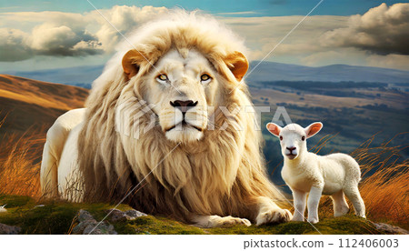 Lion and Lamb Resting Together - Biblical Symbolism - Generative Ai 112406003