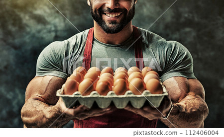 Male Bodybuilder Holding a Carton Box Full of Eggs - Generative Ai 112406004