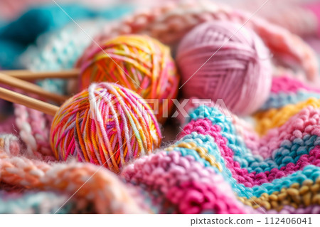 Knitting needles and unfinished colorful knitted sweater. Generative AI 112406041
