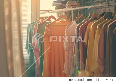 Open closet with unorganized random colorful hanging clothes. Generative AI Open closet with unorganized random colorful hanging clothes. Generative AI 112406074