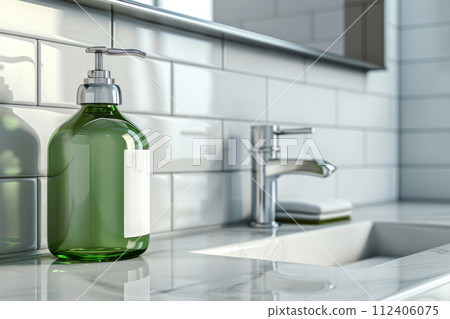 Shampoo green bottle mockup with blank label in bathroom. Minimalist style. Generative AI 112406075