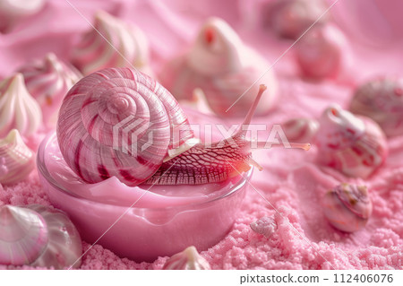 Snail and cream on pink background. Ingredients of rejuvenating cream and slime of snails. Cosmetics and skin care concept. Generative AI 112406076