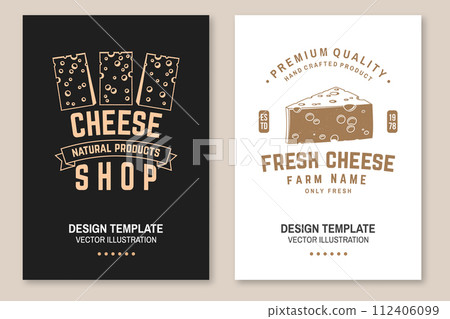 Cheese family farm poster design. Template for logo, branding design with block cheese, fork, knife for cheese. Vector illustration. Hand crafted product cheese 112406099