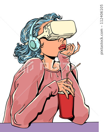 A girl wearing headphones and VR glasses sits in a cafe. An alternative reality against the backdrop of our everyday life. New opportunities for socialization and education. A girl wearing headphones and VR glasses sits in a cafe. An alternative reality against the backdrop of our everyday life. New opportunities for socialization and education. 112406105