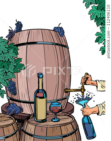 The process of making wine and drinking it. A man pours a bottle of liquid from a barrel of grapes. Alcoholic drinks with incredible taste for a restaurant. The process of making wine and drinking it. A man pours a bottle of liquid from a barrel of grapes. Alcoholic drinks with incredible taste for a restaurant. 112406110