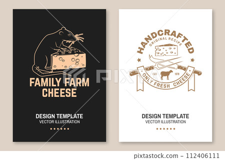 Cheese family farm poster design. Template for logo, branding design with rat, mouse, sheep lacaune, fork, knife for cheese. Vector illustration. Handcrafted product cheese 112406111