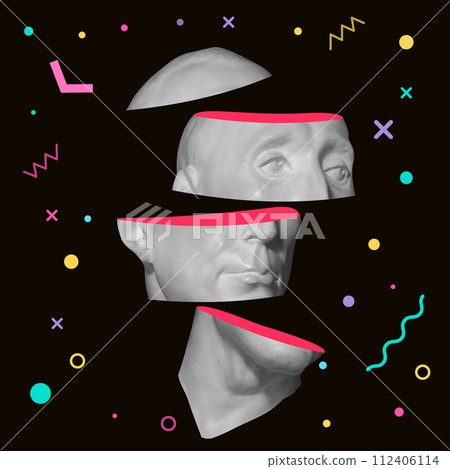 Portrait of a gattamelata in memphis style with abstract shapes compositions. Vector illustration Portrait of a gattamelata in memphis style with abstract shapes compositions. Vector illustration 112406114